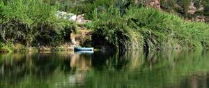 Preview wallpaper boat, lake, shore, bushes, trees, nature