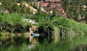 Preview wallpaper boat, lake, shore, bushes, trees, nature