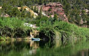 Preview wallpaper boat, lake, shore, bushes, trees, nature