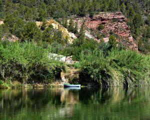 Preview wallpaper boat, lake, shore, bushes, trees, nature