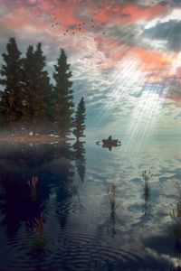 Preview wallpaper boat, lake, trees, fog, art
