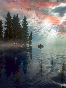 Preview wallpaper boat, lake, trees, fog, art