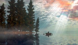 Preview wallpaper boat, lake, trees, fog, art