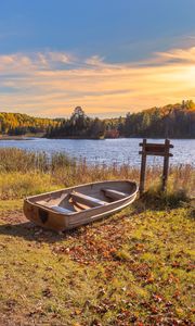 Preview wallpaper boat, lake, trees, autumn