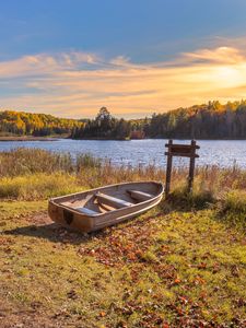 Preview wallpaper boat, lake, trees, autumn