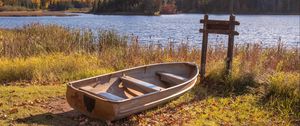 Preview wallpaper boat, lake, trees, autumn