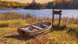 Preview wallpaper boat, lake, trees, autumn
