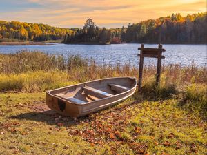 Preview wallpaper boat, lake, trees, autumn