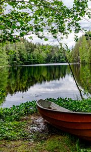 Preview wallpaper boat, lake, trees, nature, landscape