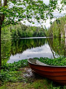 Preview wallpaper boat, lake, trees, nature, landscape