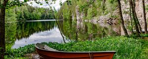 Preview wallpaper boat, lake, trees, nature, landscape