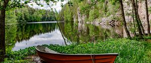 Preview wallpaper boat, lake, trees, nature, landscape