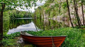 Preview wallpaper boat, lake, trees, nature, landscape