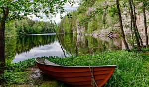 Preview wallpaper boat, lake, trees, nature, landscape