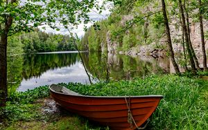 Preview wallpaper boat, lake, trees, nature, landscape