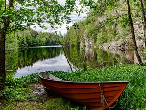 Preview wallpaper boat, lake, trees, nature, landscape