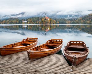 Preview wallpaper boat, lake, trees, buildings, reflection