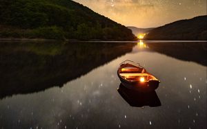 Preview wallpaper boat, lantern, starry sky, reflection