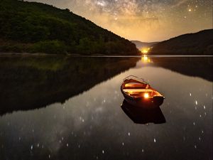 Preview wallpaper boat, lantern, starry sky, reflection