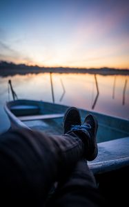 Preview wallpaper boat, legs, rest, lake, dusk