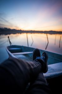 Preview wallpaper boat, legs, rest, lake, dusk