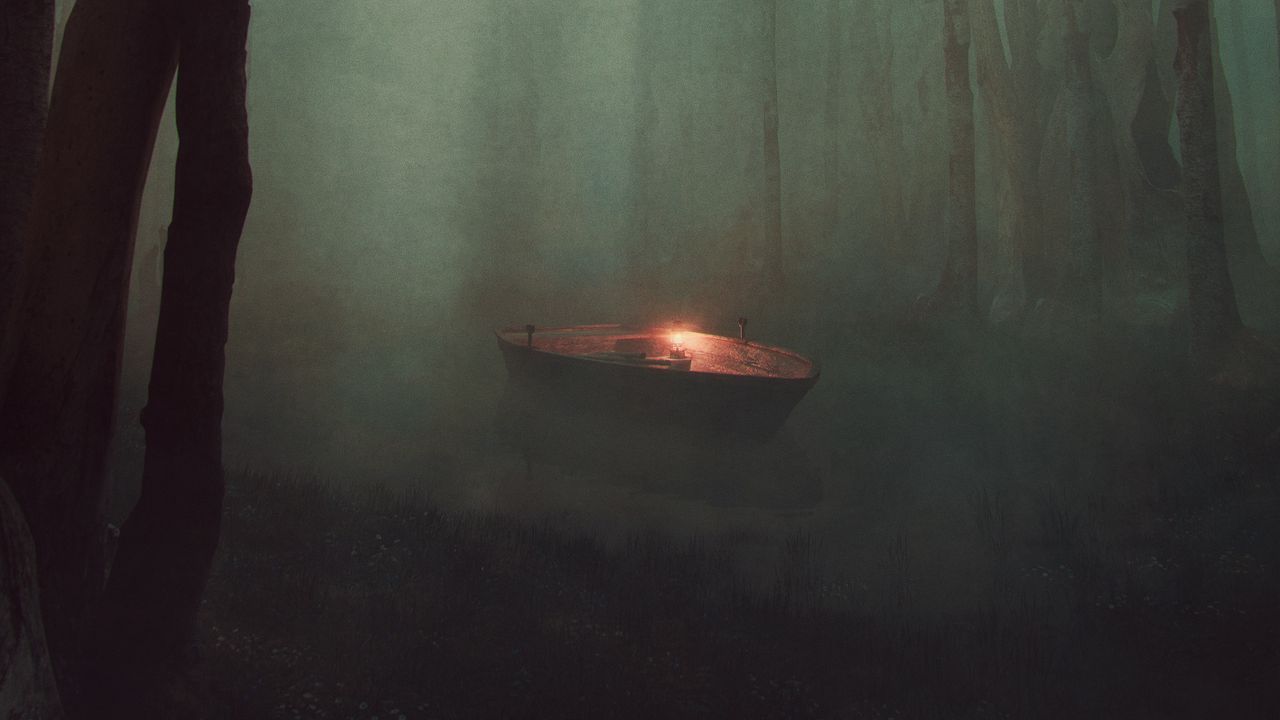 Wallpaper boat, light, river, forest, fog, art