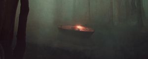 Preview wallpaper boat, light, river, forest, fog, art