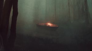 Preview wallpaper boat, light, river, forest, fog, art