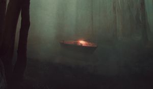 Preview wallpaper boat, light, river, forest, fog, art