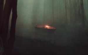Preview wallpaper boat, light, river, forest, fog, art