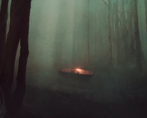 Preview wallpaper boat, light, river, forest, fog, art