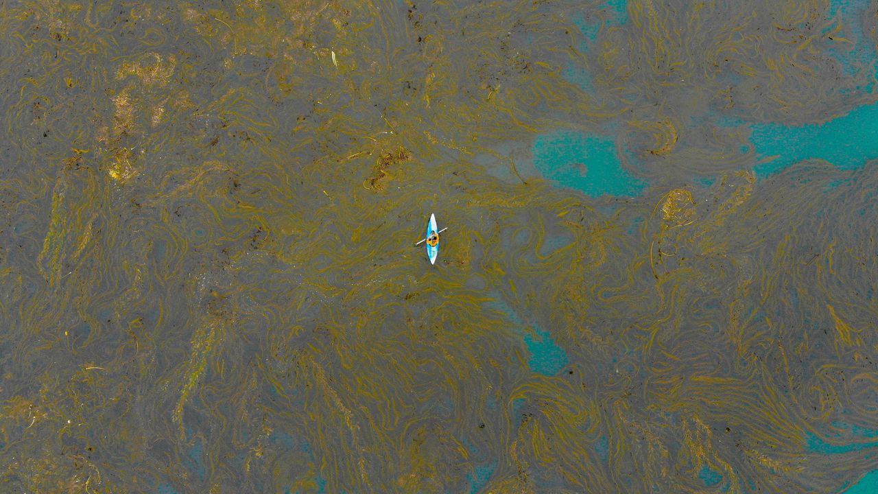 Wallpaper boat, lonely, stains, seaweed