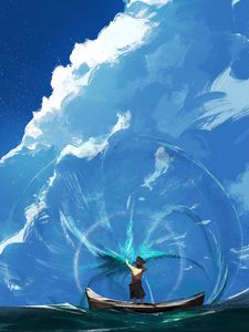 Preview wallpaper boat, man, clouds, art, sea
