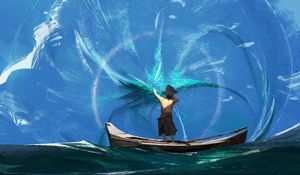 Preview wallpaper boat, man, clouds, art, sea