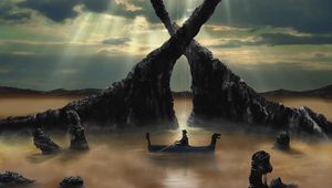 Preview wallpaper boat, man, rock, illusion, art