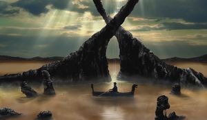 Preview wallpaper boat, man, rock, illusion, art