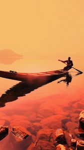 Preview wallpaper boat, man, sunset, sea