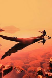 Preview wallpaper boat, man, sunset, sea