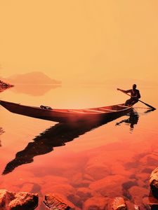 Preview wallpaper boat, man, sunset, sea