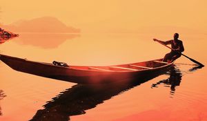 Preview wallpaper boat, man, sunset, sea