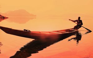 Preview wallpaper boat, man, sunset, sea