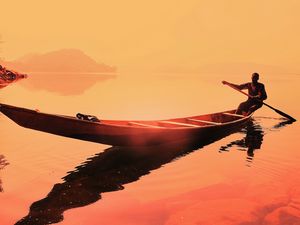Preview wallpaper boat, man, sunset, sea