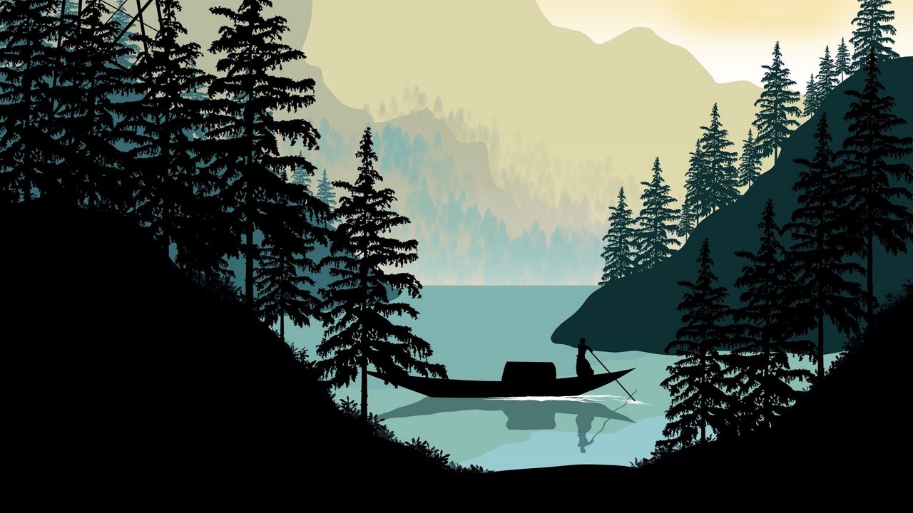 Wallpaper boat, man, trees, lake, silhouettes, art