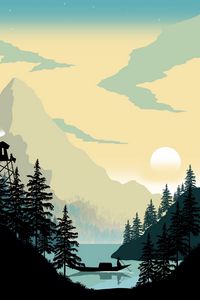 Preview wallpaper boat, man, trees, lake, silhouettes, art