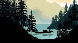 Preview wallpaper boat, man, trees, lake, silhouettes, art