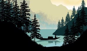 Preview wallpaper boat, man, trees, lake, silhouettes, art