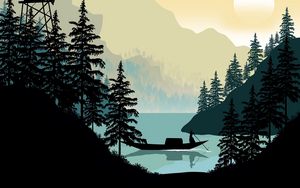 Preview wallpaper boat, man, trees, lake, silhouettes, art
