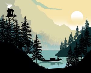 Preview wallpaper boat, man, trees, lake, silhouettes, art