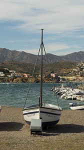 Preview wallpaper boat, mast, bay, mountains