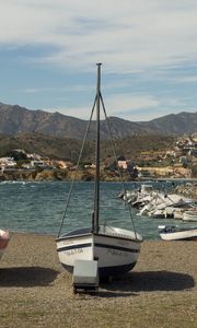 Preview wallpaper boat, mast, bay, mountains